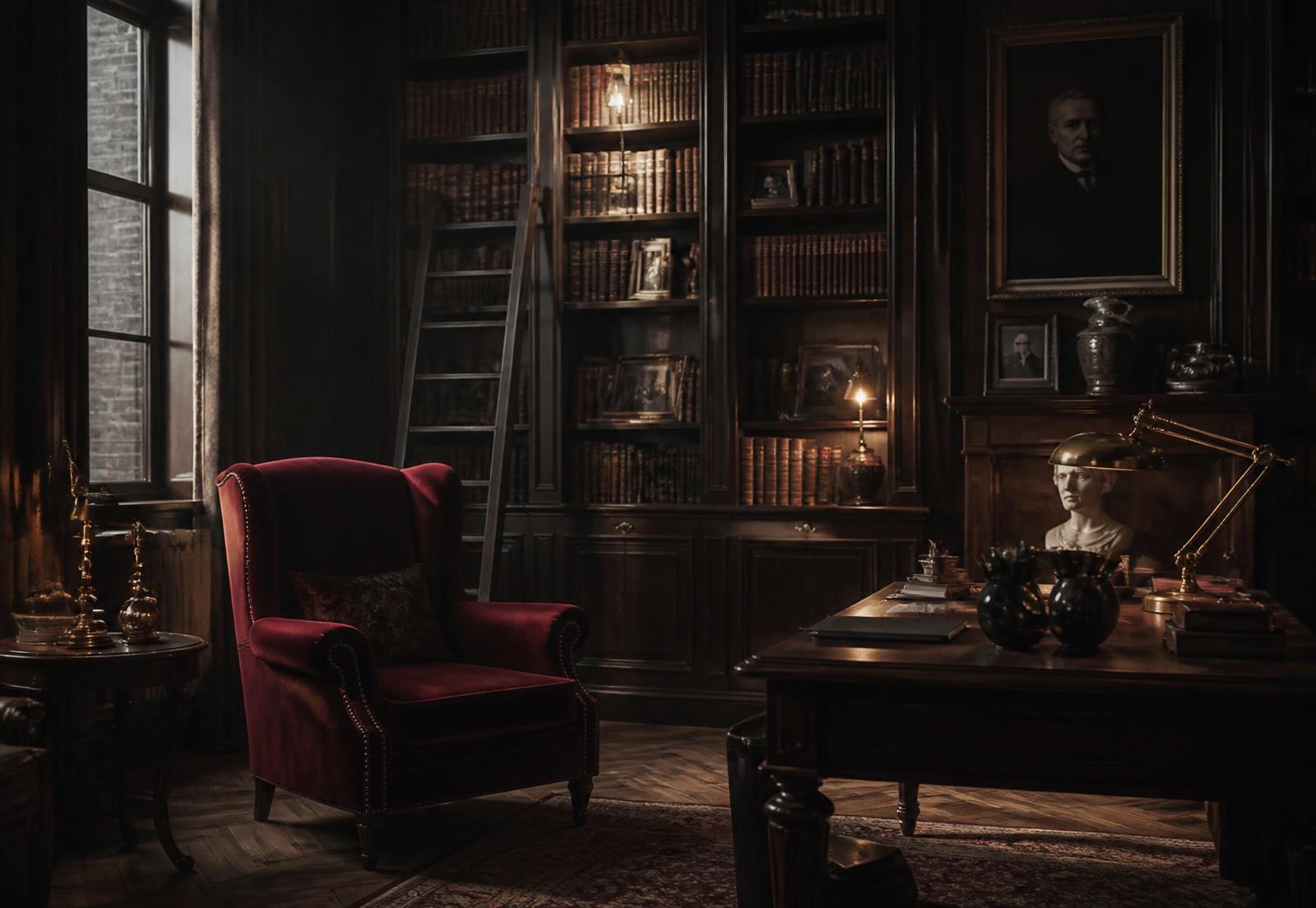 A dark academia library with mahogany shelves, a burgundy velvet chair, and brass lamplight